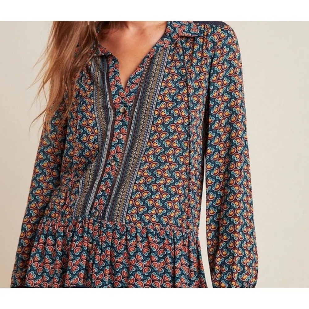 Maeve Anthropologie Floral Geometric Peplum Blouse Navy Orange Lace Trim‎ Size 2